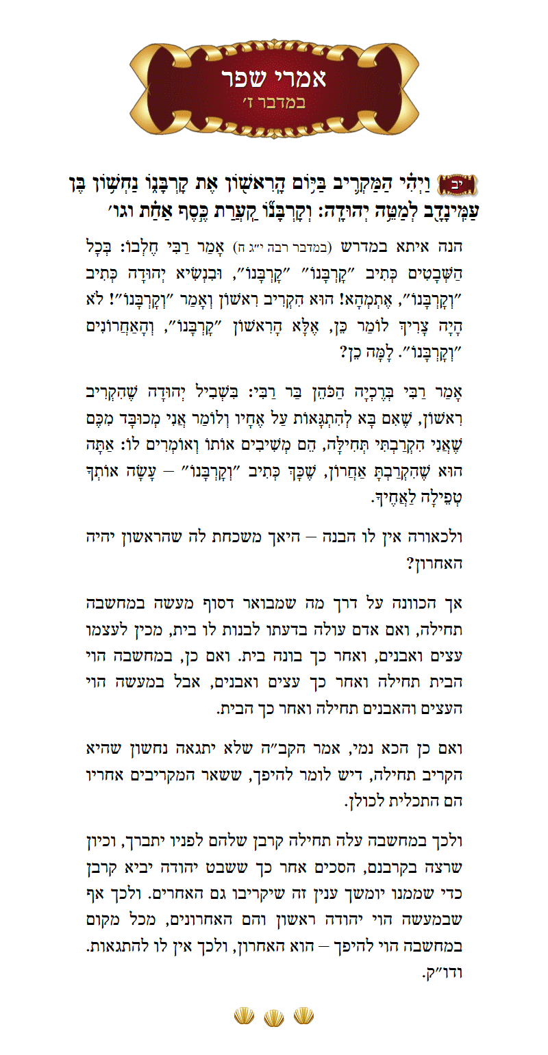 אמרי שפר במדבר פרק ז׳ פסוק י״ב