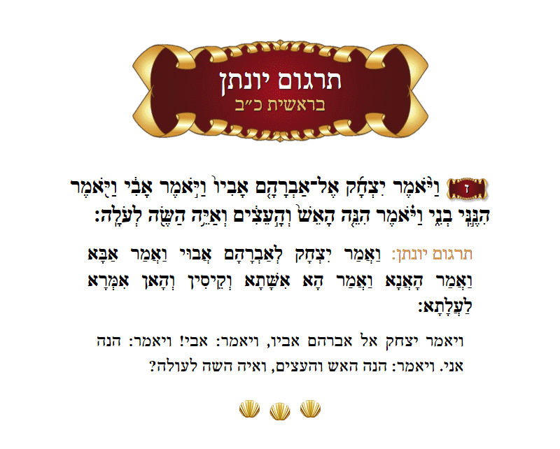 תרגום יונתן בראשית פרק כ״ב פסוק ז׳