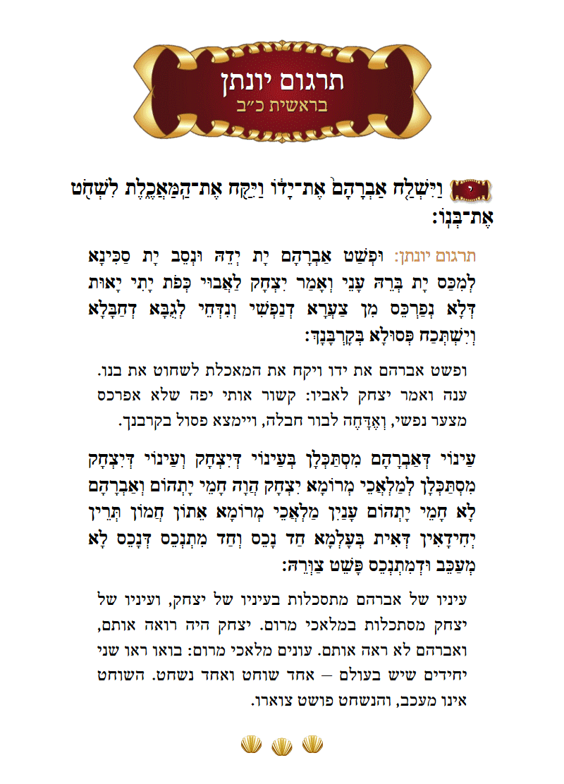 תרגום יונתן בראשית פרק כ״ב פסוק י׳