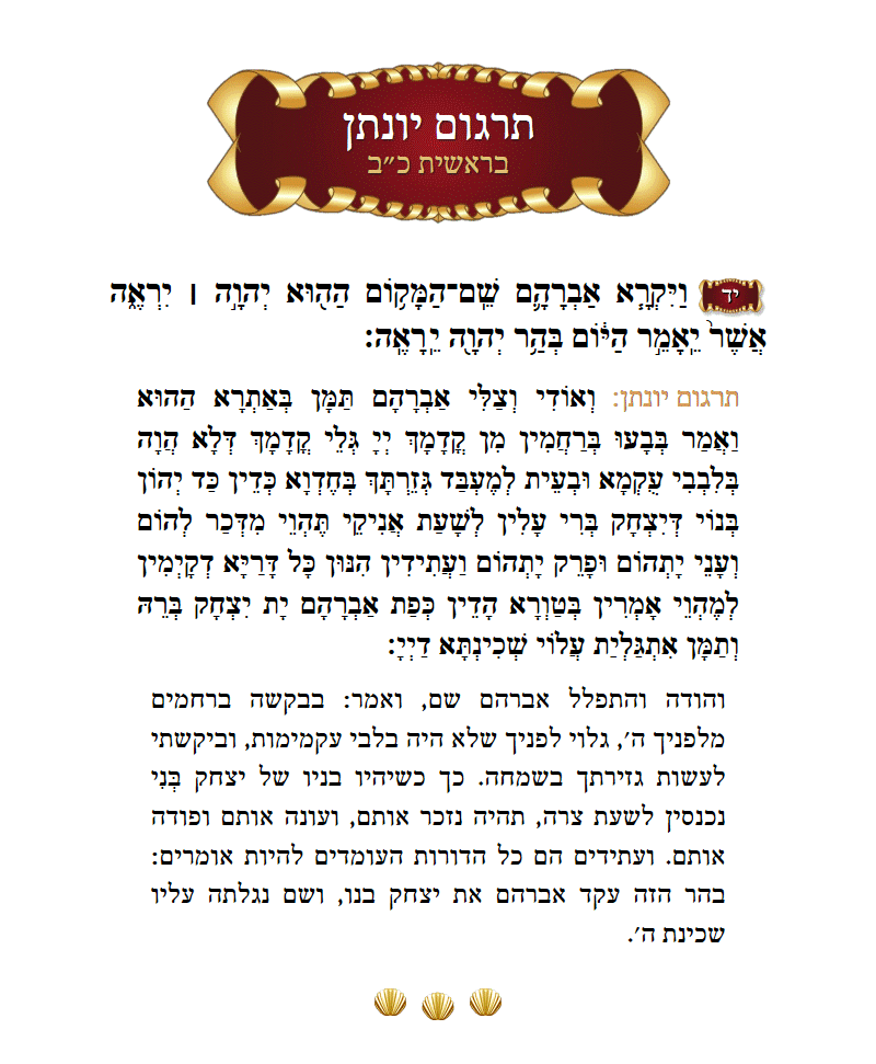 תרגום יונתן בראשית פרק כ״ב פסוק י״ד