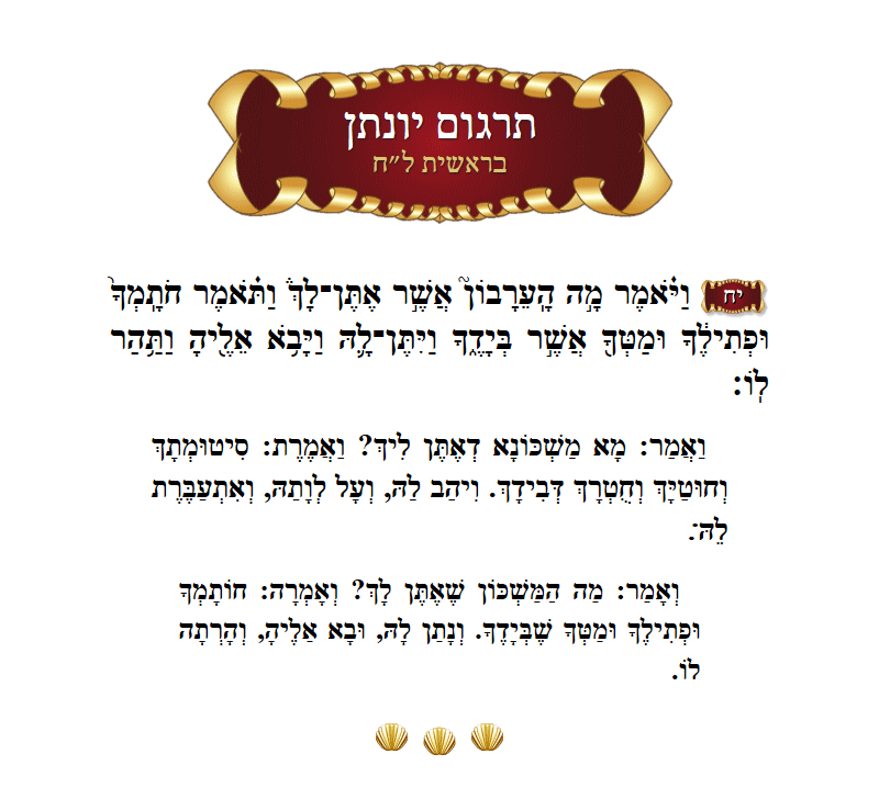 תרגום יונתן בראשית פרק ל״ח פסוק י״ח