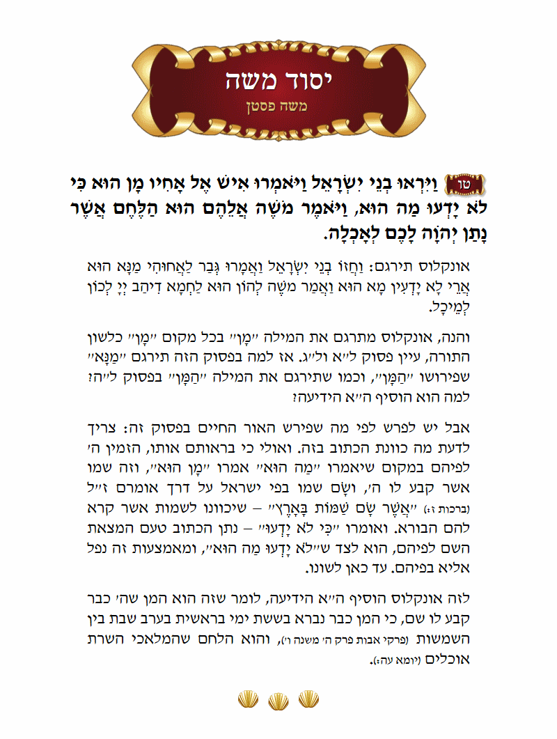 yesod Moshe Shemos Chapter 16 Verse 15
