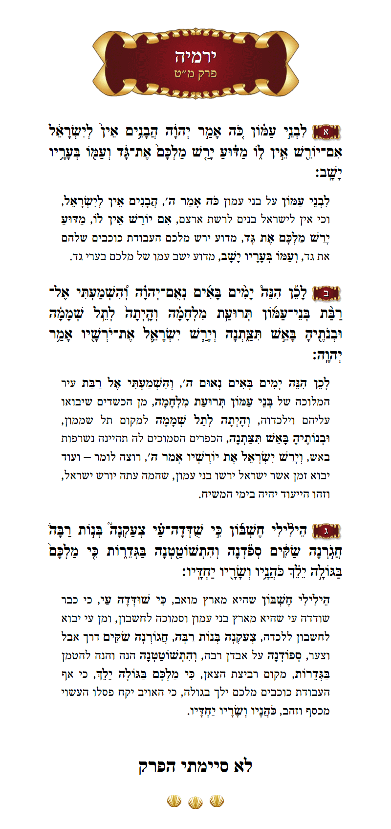 Sefer Yirmeyohu Chapter 49 with commentary