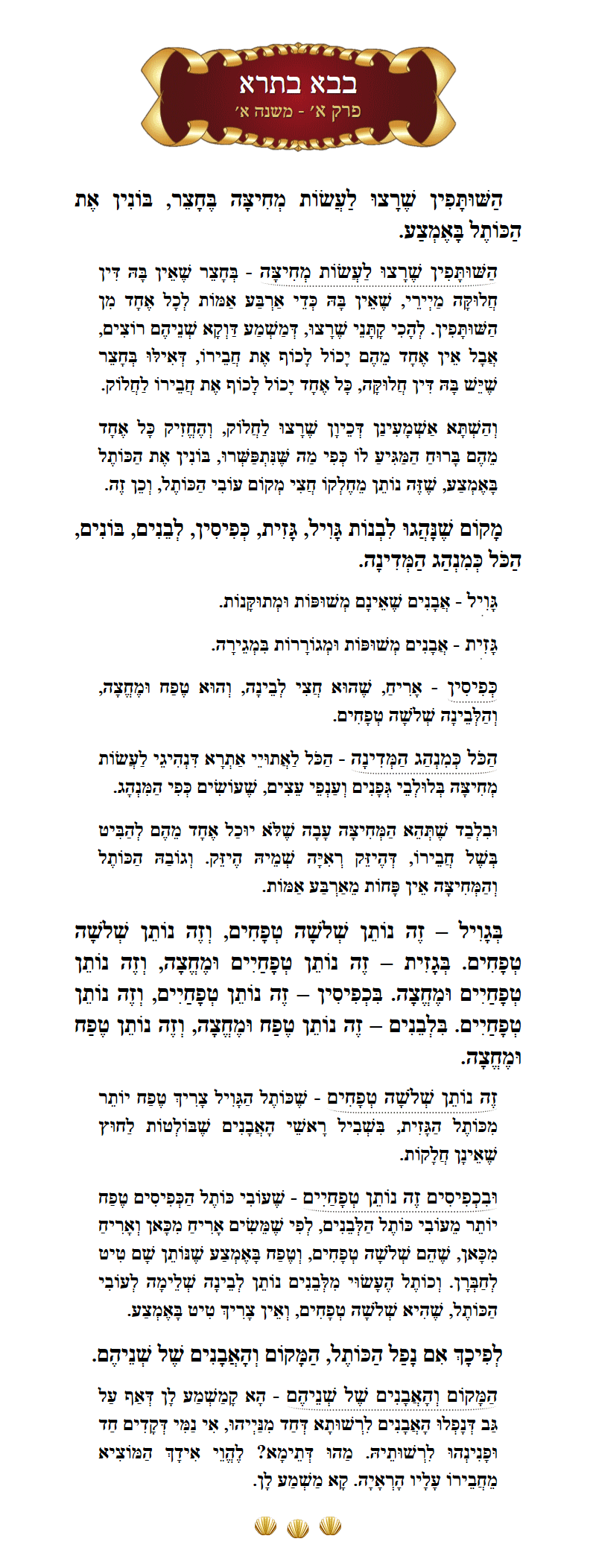 Masechta Bava Basra Chapter 1 Mishnah 1 with commentary