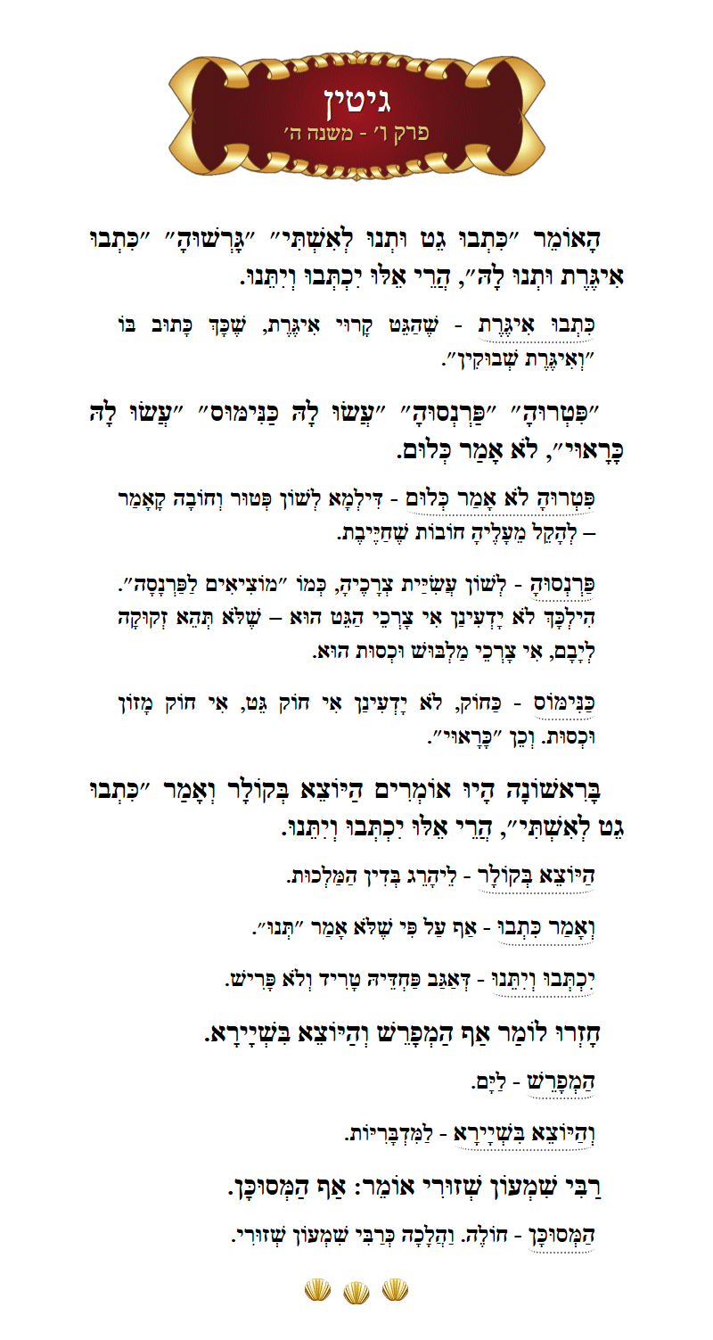 Masechta Gittin Chapter 6 Mishnah 5 with commentary