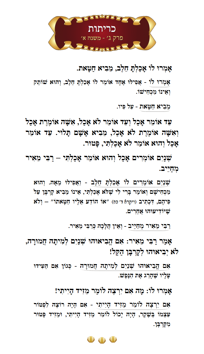 Masechta Kereisos Chapter 3 Mishnah 1 with commentary