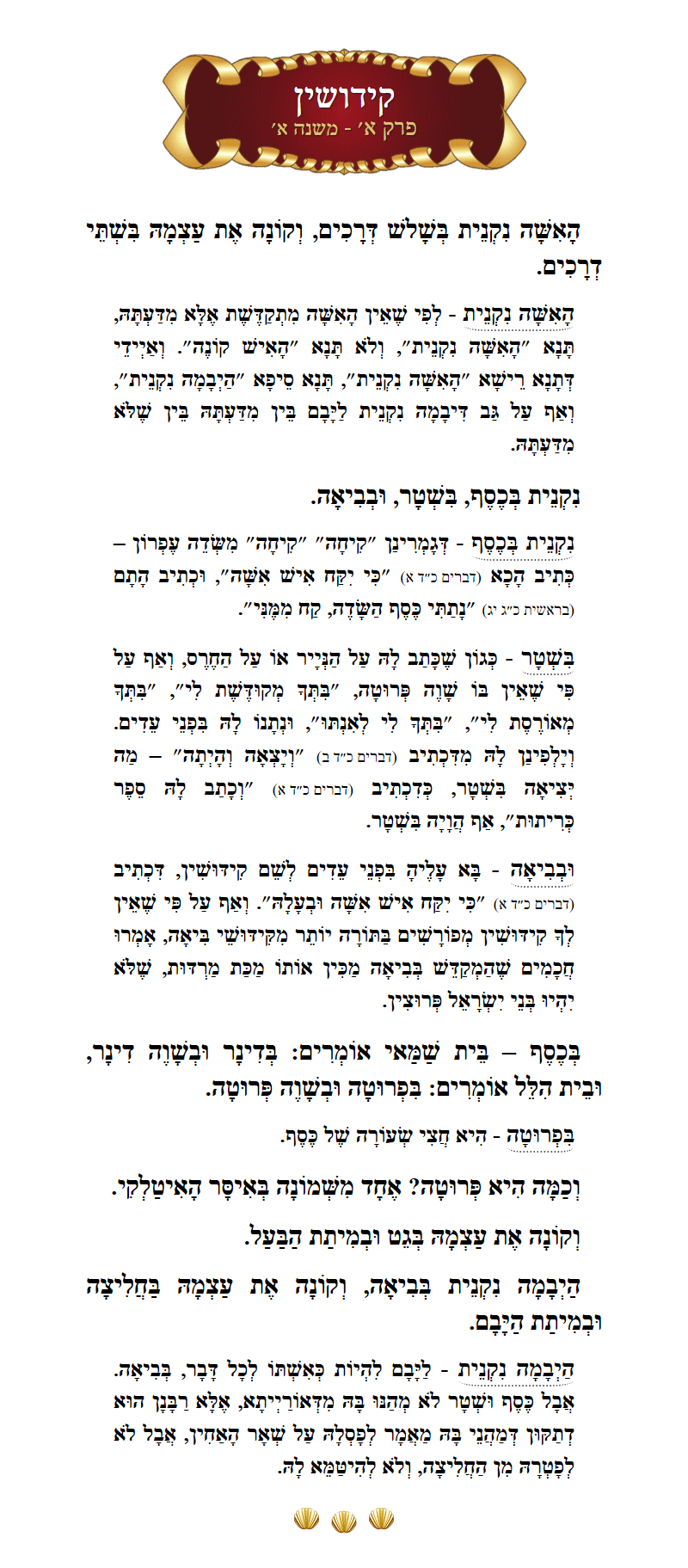 Masechta Kiddushin Chapter 1 Mishnah 1 with commentary