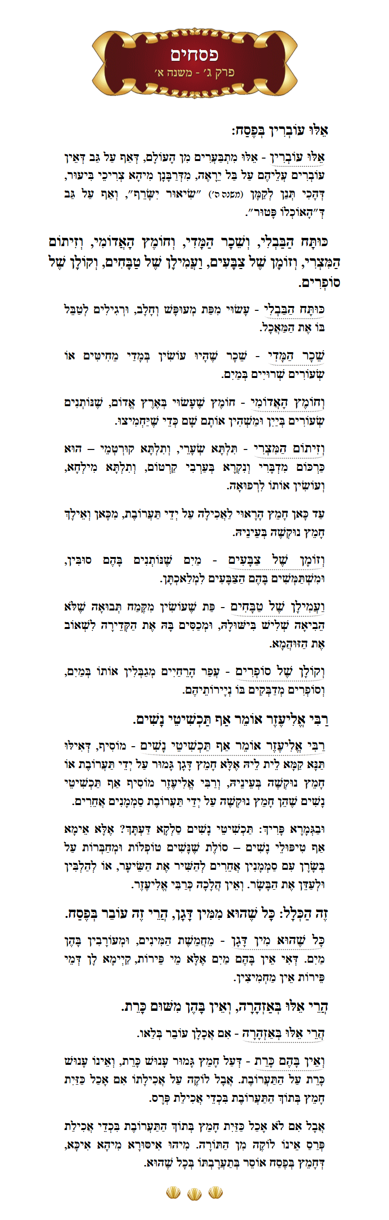 Masechta Pesachim Chapter 3 Mishnah 1 with commentary