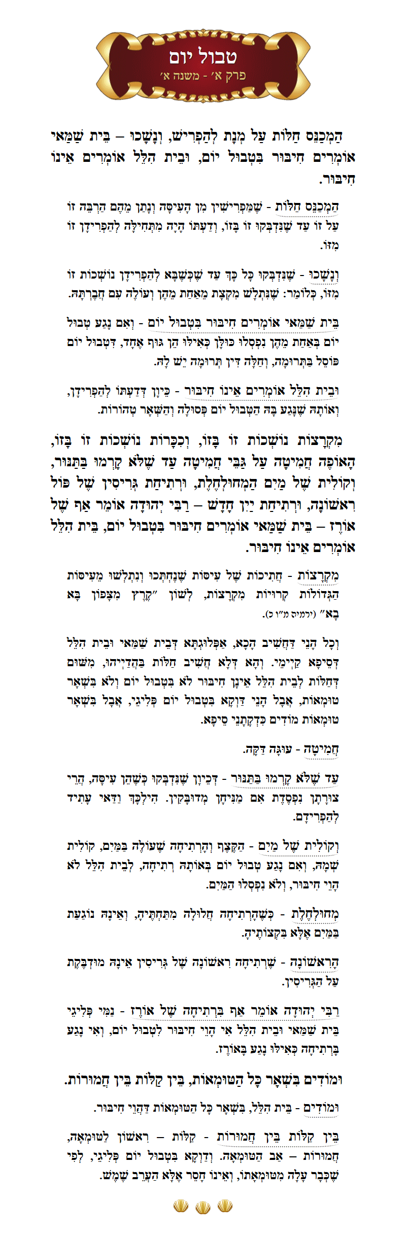 Masechta Tevul Yom Chapter 1 Mishnah 1 with commentary