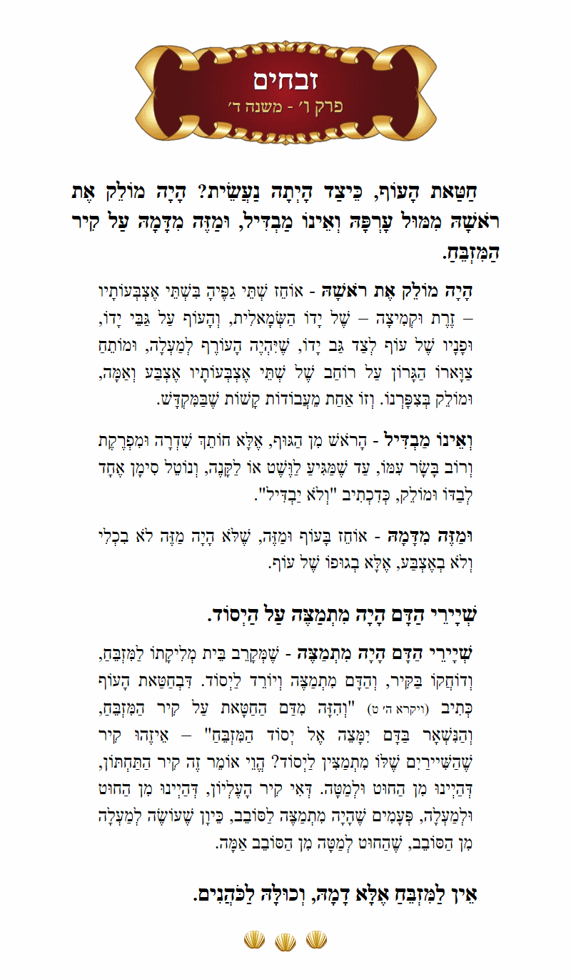 Masechta Zevachim Chapter 6 Mishnah 4 with commentary
